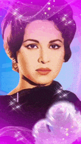 a woman 's face is surrounded by stars and a purple background