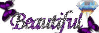 the word beautiful is surrounded by purple butterflies and a large diamond