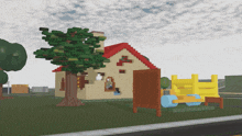a cartoon house with a red roof and a tree