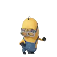 a yellow minion wearing overalls and goggles is dancing on a white background
