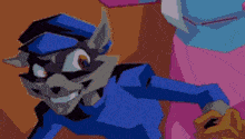 a cartoon drawing of a raccoon in a blue uniform