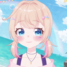 a girl with blonde hair and blue eyes is wearing a choker