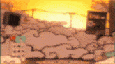 a blurry picture of a cloudy sky with a sunset in the background