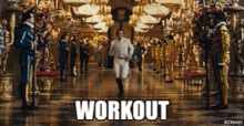a man running in a hallway with the word workout written on the bottom