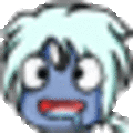 a close up of a cartoon character 's face with blue hair and a red mouth .