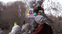 a pigeon is sitting on a person 's shoulder with a pixelated image of a man behind it