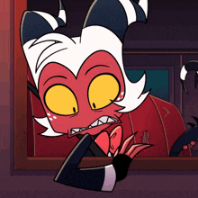 a cartoon character is looking out a window and making a face