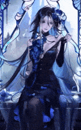 a woman in a black dress is sitting in front of a mirror