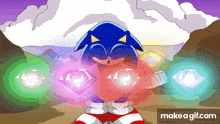 a cartoon of sonic the hedgehog surrounded by diamonds with the words make a gif.com underneath