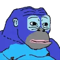 a cartoon drawing of a blue gorilla with a sad face on a white background .