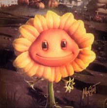 a picture of a sunflower with a smiling face and the name morful on the bottom right