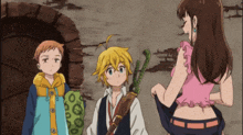 a group of anime characters are standing next to each other and one of them is taking off her skirt