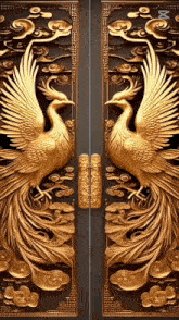 a door with two golden birds on it