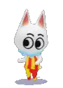 a white cat wearing a scarf and red and yellow pants is waving .