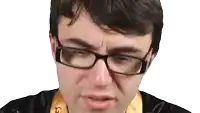 a man wearing glasses has a gold ribbon around his neck that says g
