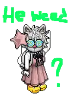 a pixel art drawing of a cat wearing glasses and overalls with the words " he was " written above it
