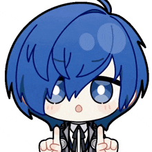 a cartoon drawing of a person with blue hair