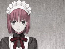 a girl with pink hair wearing a white maid hat