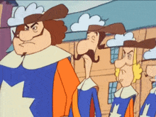 a group of cartoon characters standing next to each other with one wearing a star on his chest
