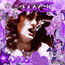 a picture of a man singing into a microphone with the words believe in the magic behind him