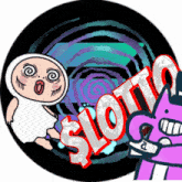 a cartoon drawing of a sloth and a baby with a swirl in the background