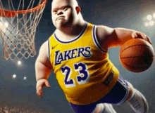 a cartoon of a lakers basketball player with down syndrome holding a basketball
