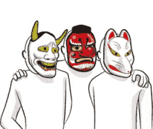 a group of three people wearing masks standing next to each other .