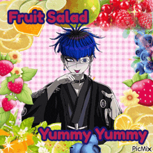 a picture of a boy with blue hair and the words fruit salad yummy yummy on the bottom