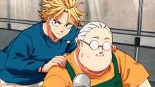 a boy and an older man are standing next to each other in a cartoon