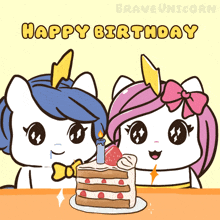 two unicorns celebrate their birthday with a slice of cake