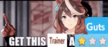 a picture of a girl with the words get this trainer guts on it