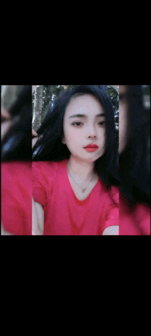 a girl in a red shirt is taking a selfie with the words terima kasih written below her