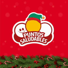 a red background with a sticker that says puntos saludables on it