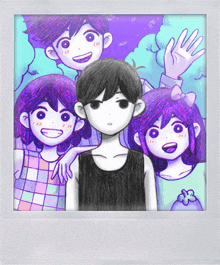 a picture of a boy and two girls with purple hair