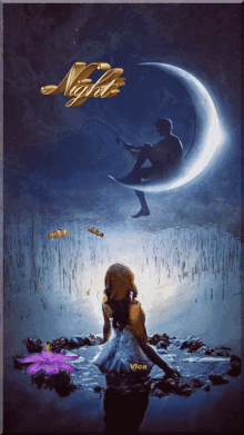 a man sits on a crescent moon while a woman sits in a pond