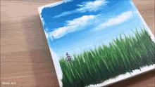 a painting of a field with purple flowers and a blue sky