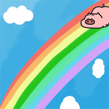 a pig is flying over a rainbow with clouds