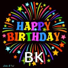 a happy birthday bk greeting card with fireworks and stars