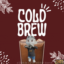 a cartoon character in a glass of cold brew with ice cubes