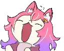 a cartoon drawing of a cat with pink and purple hair laughing with its mouth wide open .