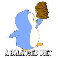 a penguin is holding a stack of cookies and the words a balanced diet are below it