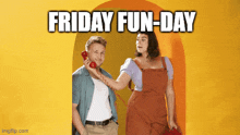 a man is talking on a red telephone while a woman stands behind him with the words friday fun-day below him