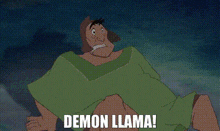 a cartoon character says demon llama ? where ? next to a horse