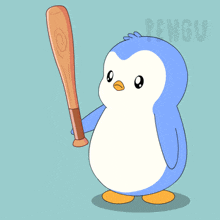 a blue and white penguin holding a baseball bat with the word penguin behind him