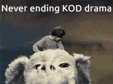 a poster that says never ending kod drama with a person riding a white dog