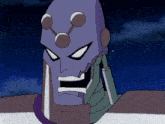 a cartoon drawing of a robot with a purple head and three eyes