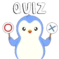 a penguin is holding a sign that says quiz on it