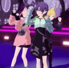 three anime characters are dancing on a stage .