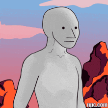 a cartoon of a man standing in front of a mountain with npc.com written on the bottom