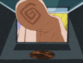 a cartoon drawing of a hand with a swirl tattoo on it